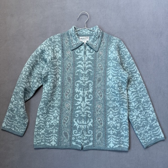 Pendleton Sweaters - Pendleton Cardigan Womens Medium Petite Teal Full Zip Virgin Merino Wool Paisley